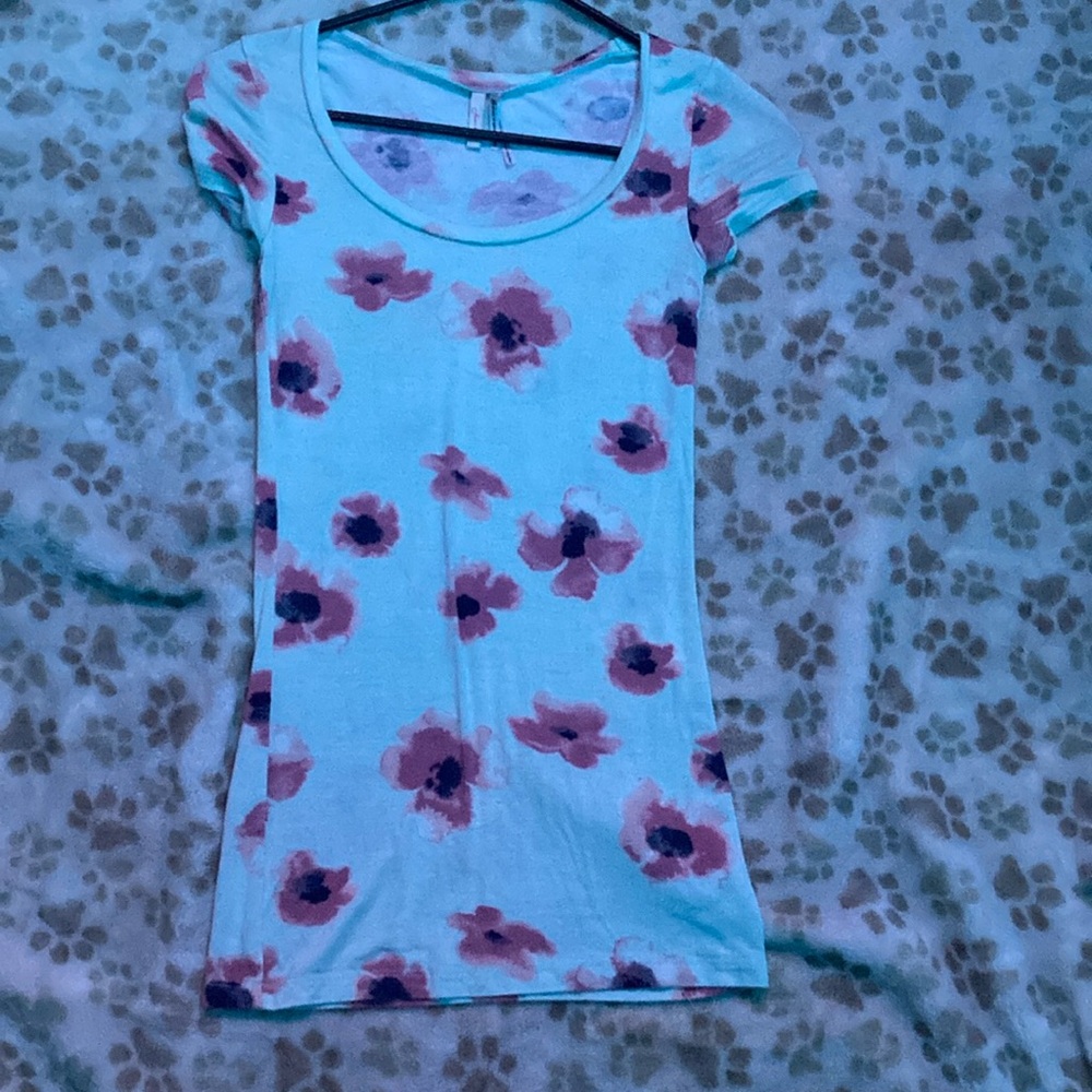 A teal shirt with pink flowers slim t shirt